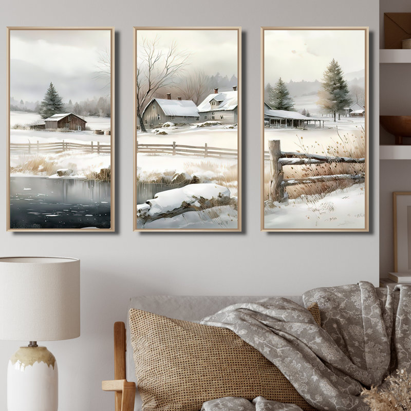 Indiana Farm In Winter - 3 pièces sur toile, H 28 po x l 36 po x P 1 po, Cadre naturel flottant