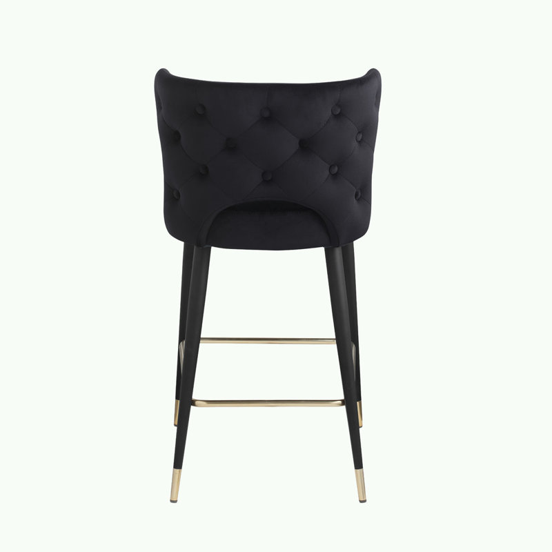 Black Velvet Upholstered Counter Height Bar Stools with Gold Tipped Legs