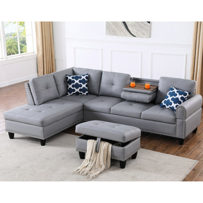 Canapé modulaire en similicuir gris en L avec rangement, pouvant accueillir quatre personnes pour des expériences de cinéma et de jeu mémorables, 3 porte-gobelets rétractables au centre, deux coussins décoratifs, accoudoirs arrondis,