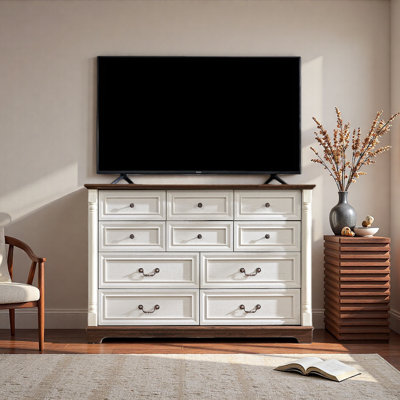53.54'' Wooden Rustic 10 Drawer Dresser Chest, Storage Dresser Organizer With Wooden Base And Riser Trim For Bedroom, Living Room