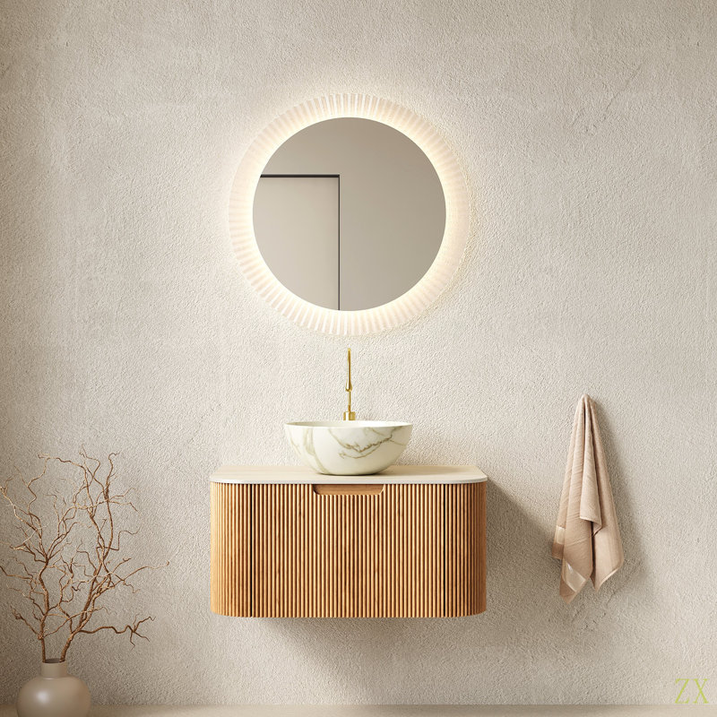 Meuble-lavabo et lavabo pour salle de bain 30 po Dina, armoires de rangement à bordures courbées et flottantes avec tiroir, cuve en céramique mate et plateau en pierre frittée à motif travertin, pré-assemblé