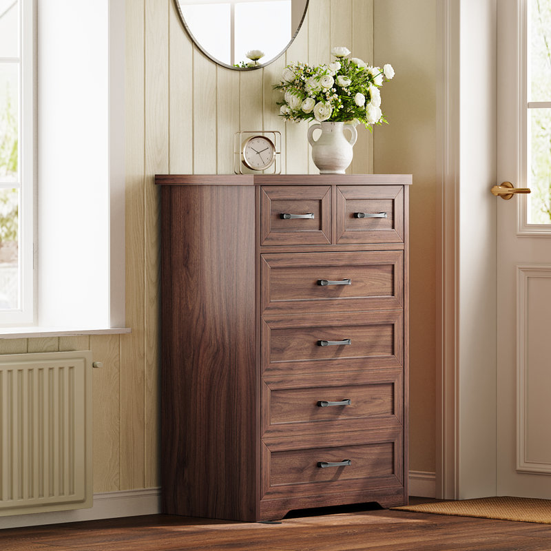 Commode verticale avec 6 tiroirs en bois et charme campagnard et classique, Brun