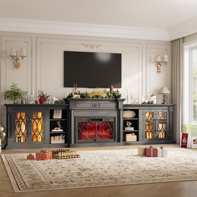 Meuble télé de style ferme avec foyer intégré de 343 cm (135 po), centre de divertissement avec éclairage DEL, prises électriques, bibliothèque ouverte et placards de rangement, grande console multimédia avec foyer électrique de 76 cm (30 po) et portes à volutes rétro, noir
