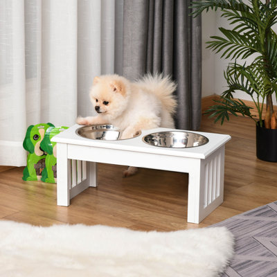 Elevated Dog Food Station For Superior Pet Health, 6" Height, Stainless Steel & Wooden, White, Non-slip Base Optimal Digestion Dishes, Modern Wood, Ba