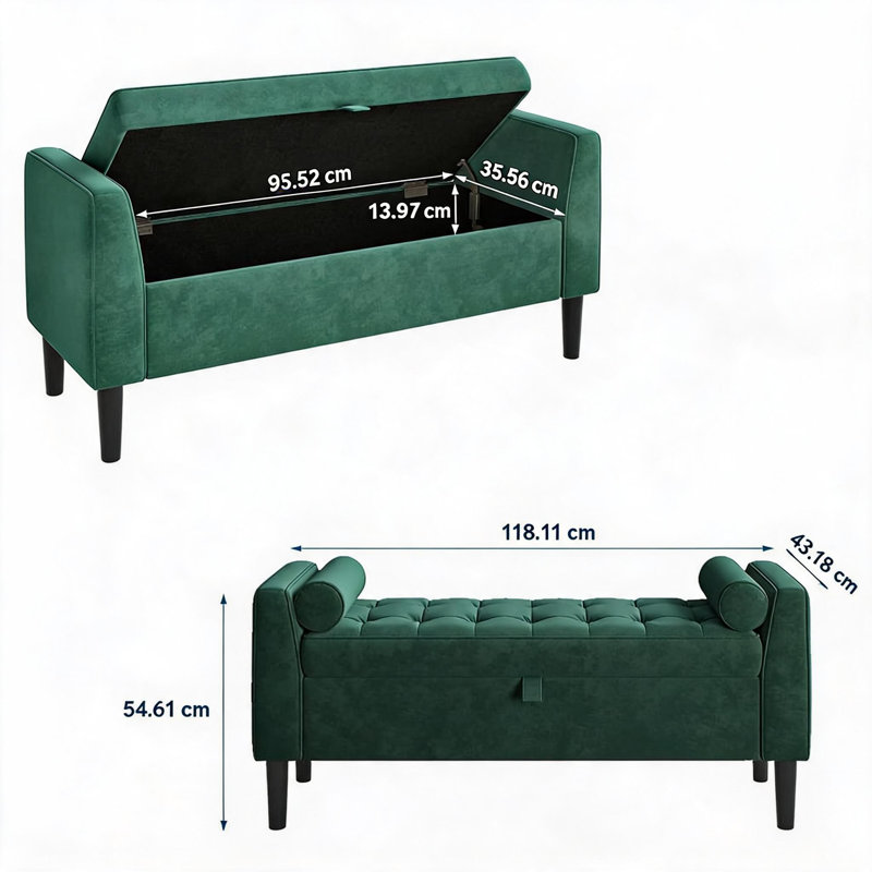 Velvet Storage Ottoman Bench with Rolled Armrests and Hidden Compartment for Entryways and Bedrooms, Green