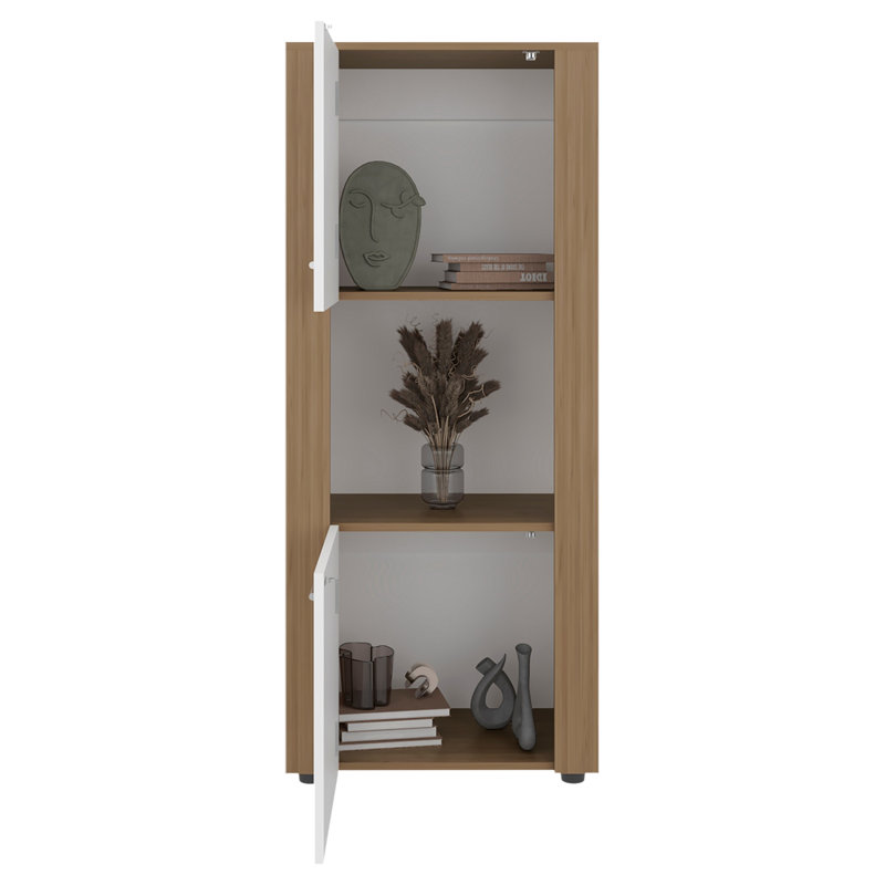 Armoire de rangement verticale en chêne naturel et blanc pour les salles à manger, maximise dans les espaces de vie limités Design moderne avec espaces principaux horizontaux, améliore l'organisation des espaces restreints