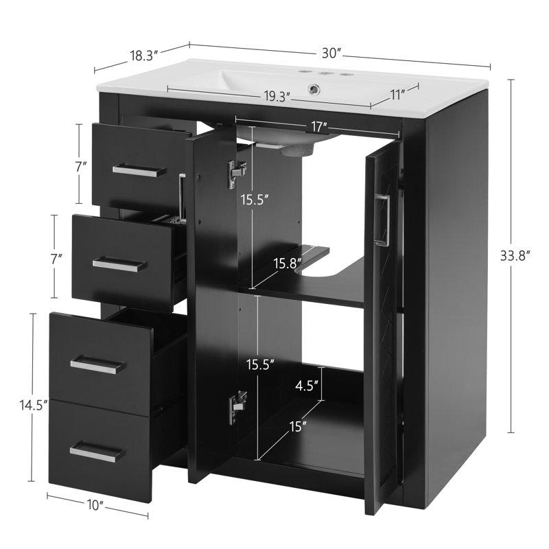 Ensemble de meuble-lavabo 30 po avec lavabo en céramique, ensemble de meuble-lavabo autoportant avec 3 tiroirs et portes à fermeture en douceur