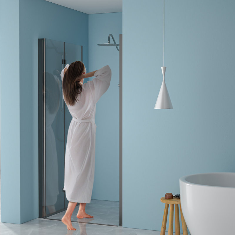 34"w X 72"h Fold Shower Door With Tempered Glass, Matte Black - Bi Design, 1/4 Inch Thick Clear Water Screen , High Grade Stainless Steel Components, Reversible Installation, 180° Overlapping Rotate