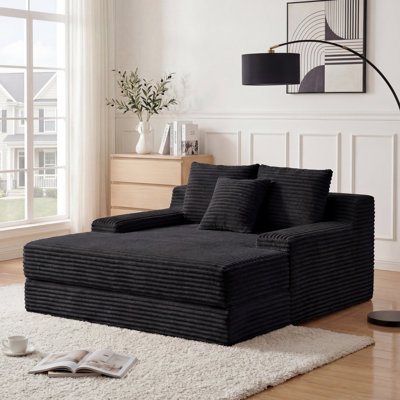 Méridienne surdimensionnée en flanelle 65,35 po pour salon avec 2 coussins de dossier et 1 coussin décoratif, rembourrage en mousse pure, aucun assemblage requis, noir