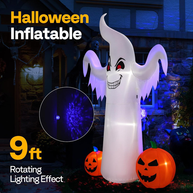 Décoration de jardin gonflable 9 pi Halloween, fantôme géant avec 2 citrouilles, explosion avec lumière DEL intégrée