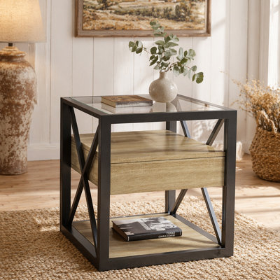 Table de bout moderne 1 pièce avec tiroir - Table de chevet pour chambre à coucher et salon, panneau de fibres à densité moyenne en bois naturel et plateau en verre trempé, table d'appoint de style industriel