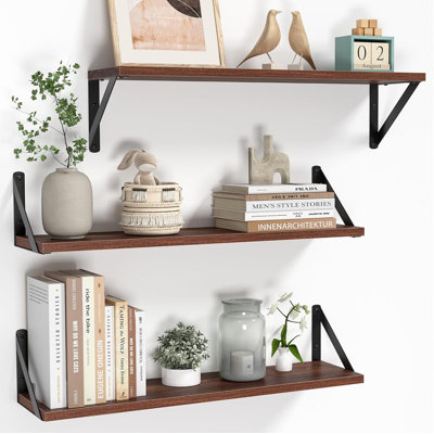 Floating Shelves Set Of 3, Wall Mounted Shelves For Bathroom Bedroom Kitchen, Sturdy Wood Shelves With Metal Brackets, Space Saving Storage Solution