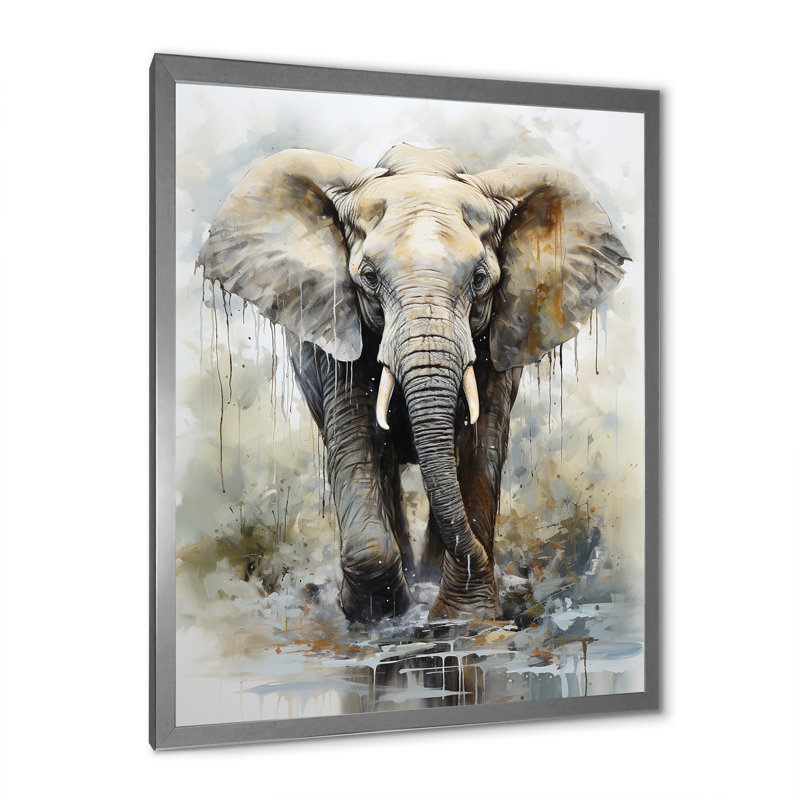 Éléphant élégant en mouvement I sur toile, Cadre simple argenté, H 44 po x l 34 po x P 1,5 po