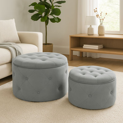 Pyatt Velvet Tufted Round Solid Colour Standard Ottoman with Storage