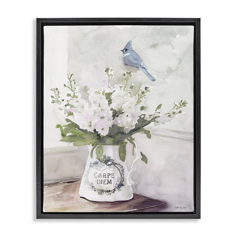 «Blue Cardinal on Spring Bouquet Carpe Diem» par Stellar Design Studio, Cadre flottant noir de jais, H 31 po x l 25 po