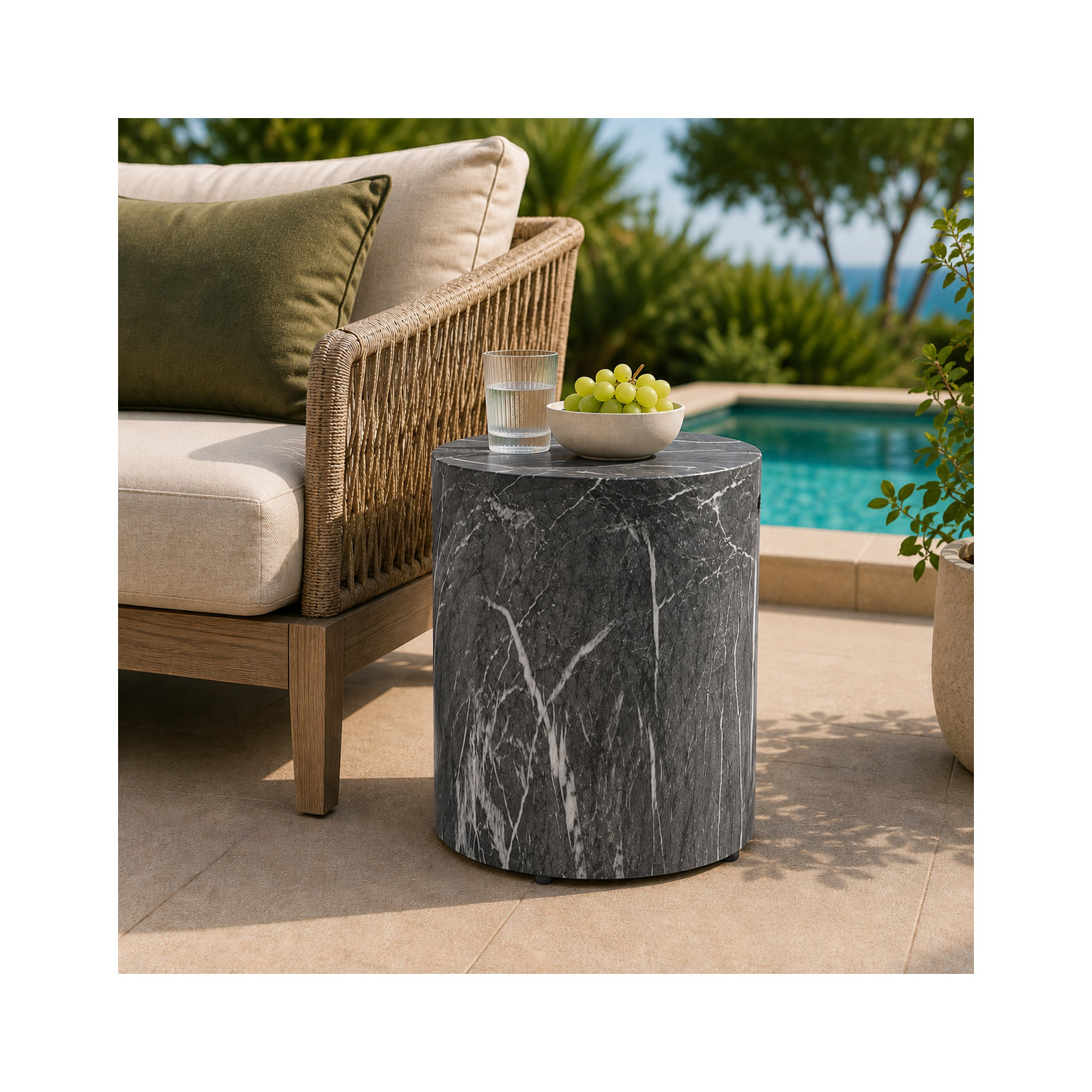 Carley 16" Concrete Outdoor Side Table, Dark Gray Marble