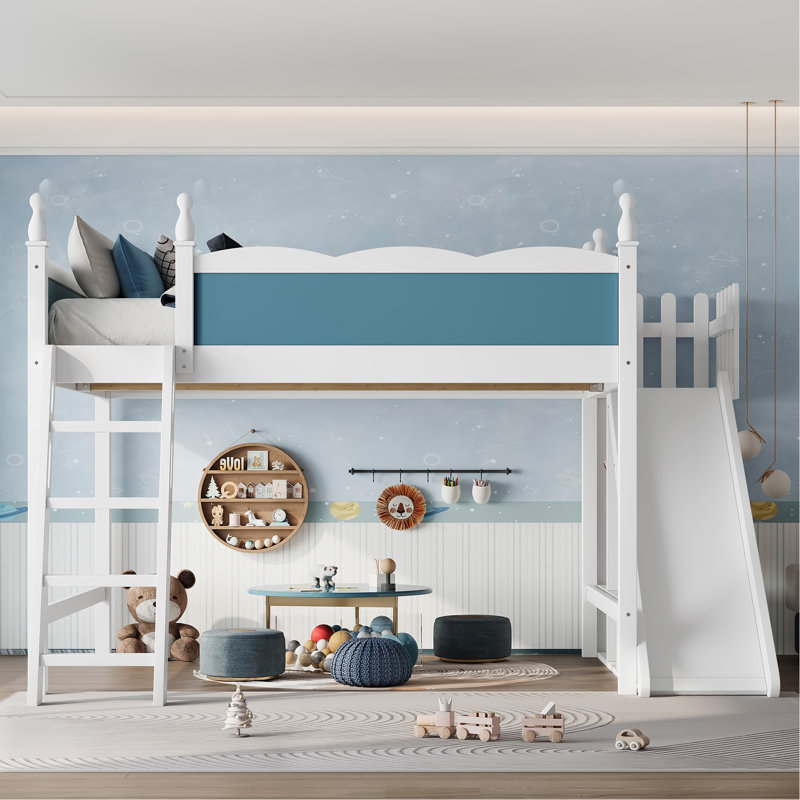 Grand lit mezzanine avec tablettes de rangement et garde-robe, lits mezzanine en bois massif avec glissières et échelles amovibles, aucune boîte à ressorts nécessaire, bleu et blanc (protection par brevet)