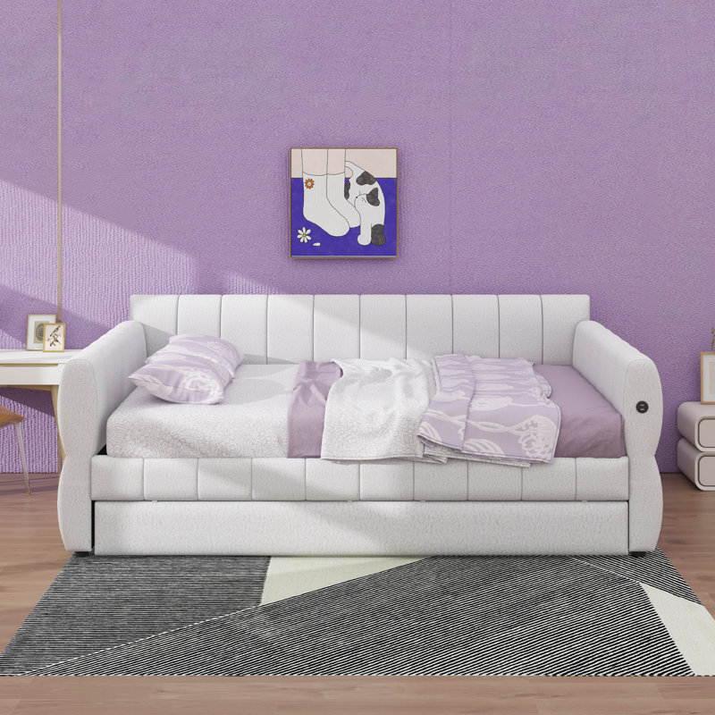 Lit de jour Lambswool, lit plateforme tapissier avec port USB et lit gigogne, Blanc