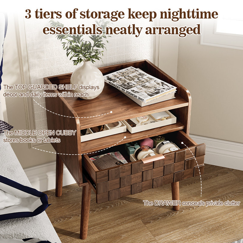 Mid-Century 19.61"W Nightstand Set Of 2 With Open Shelf & Chessboard-Cut Drawer(Easy Assembly), Bedside Table Set Modern Bedroom Furniture With Curved Corner