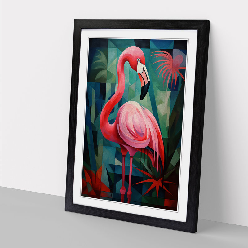 Flamingo Cubism No.2 - Single Picture Frame Print on Wood, 46cm H x 34cm W x 2cm D, Black