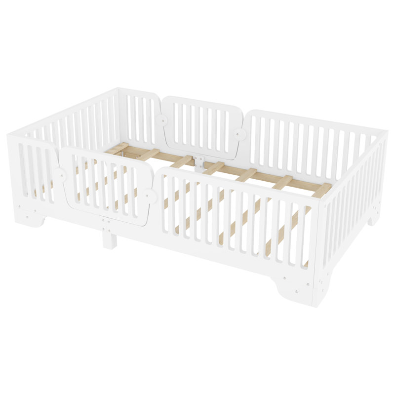 Twin Montessori Floor Bed with Door & Rails, Low-Profile Kids Floor Bed with Slats, No Box Spring Needed, White, Twin, White