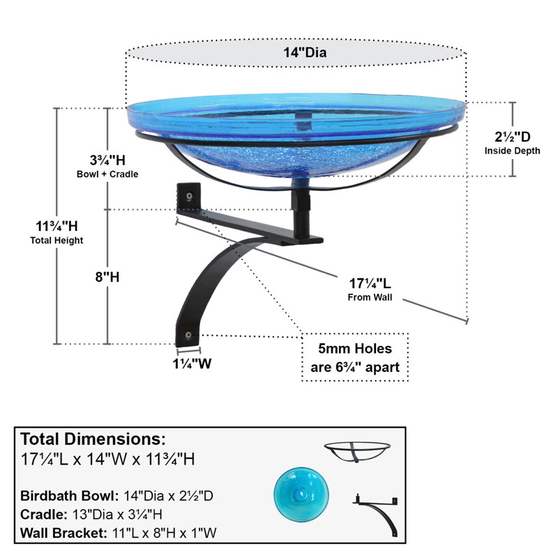 14" Crackle Glass Birdbath with Wall Bracket, Teal