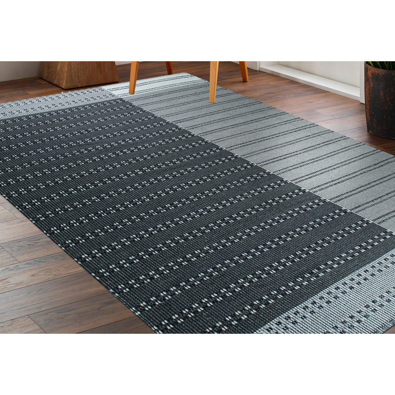 Shenae Charcoal Flatweave Wool & Cotton Contemporary Plaid Hand-Knotted Wool, Cotton Area Rug, Rectangle 6' x 9'
