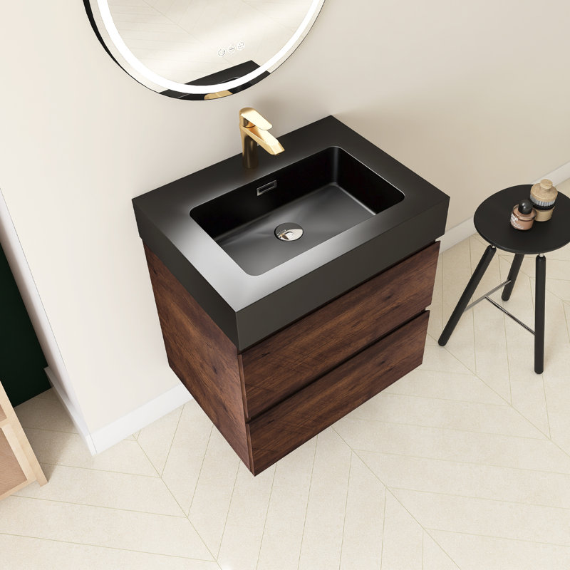 Rollene 24'' Single Bathroom Vanity with Quartz Top, Black, Walnut