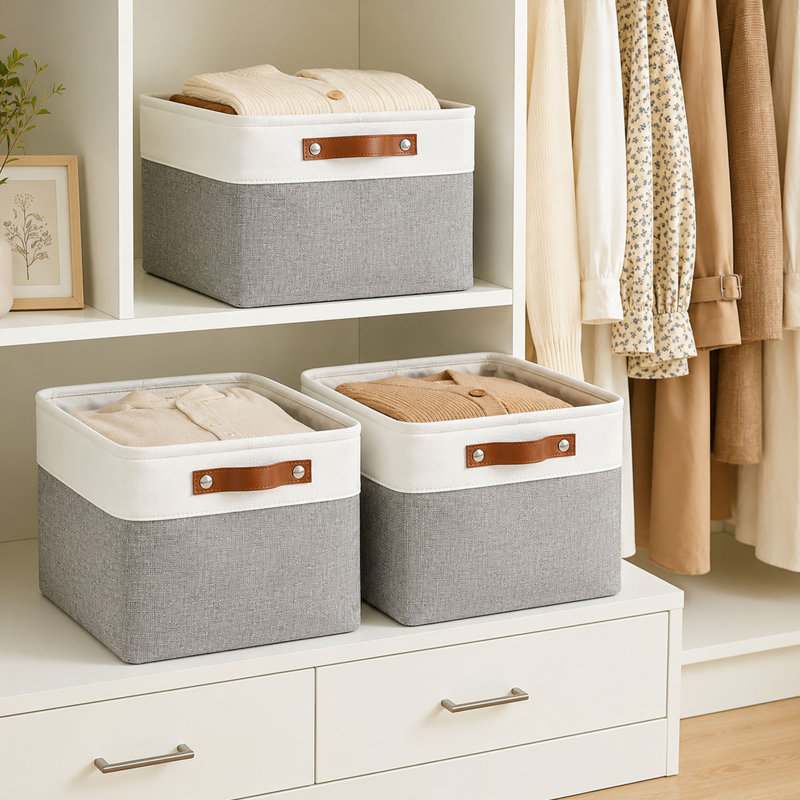 Ensemble de 3 paniers de rangement en tissu gris et blanc, poignées