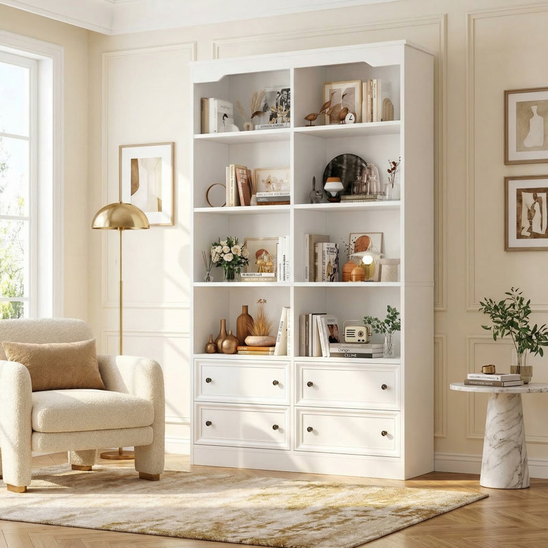 Kirklyn 6-Tier Standard Bookcase with 4 Drawers, White