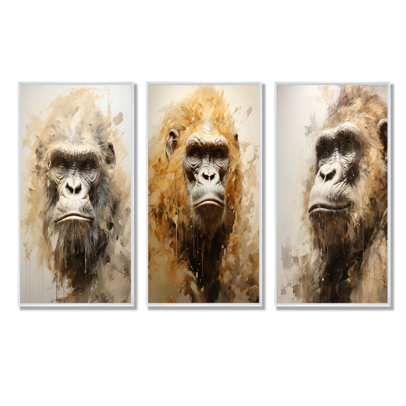 Portrait de gorille beige - ensemble de 4 décorations murales gorille, H 28 po x l 36 po, Cadre flottant blanc