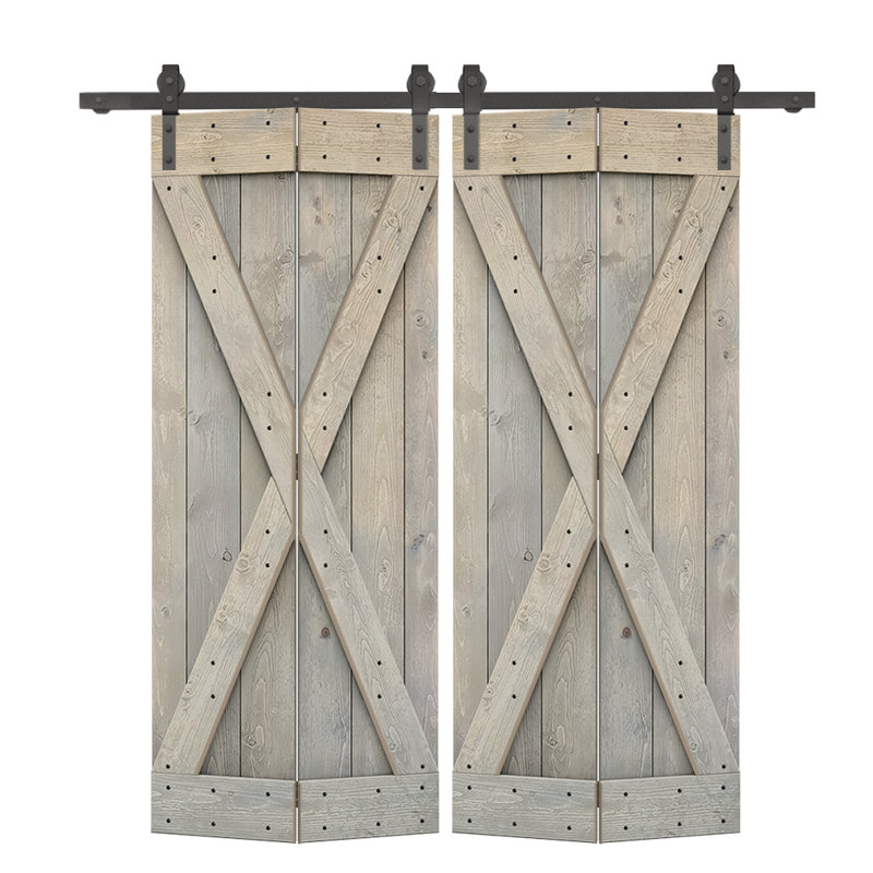 Porte de grange pliante pré-assemblée en bois avec quincaillerie coulissante, Gris fumée, 48 po x 84 po