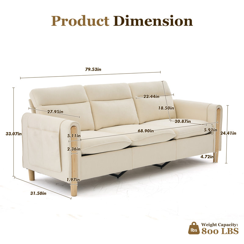 79" 3-Seater Modern Sectional Sofa,Upholstered Chenille Sofa Couch with Side Pockets for Living Room,Apartment