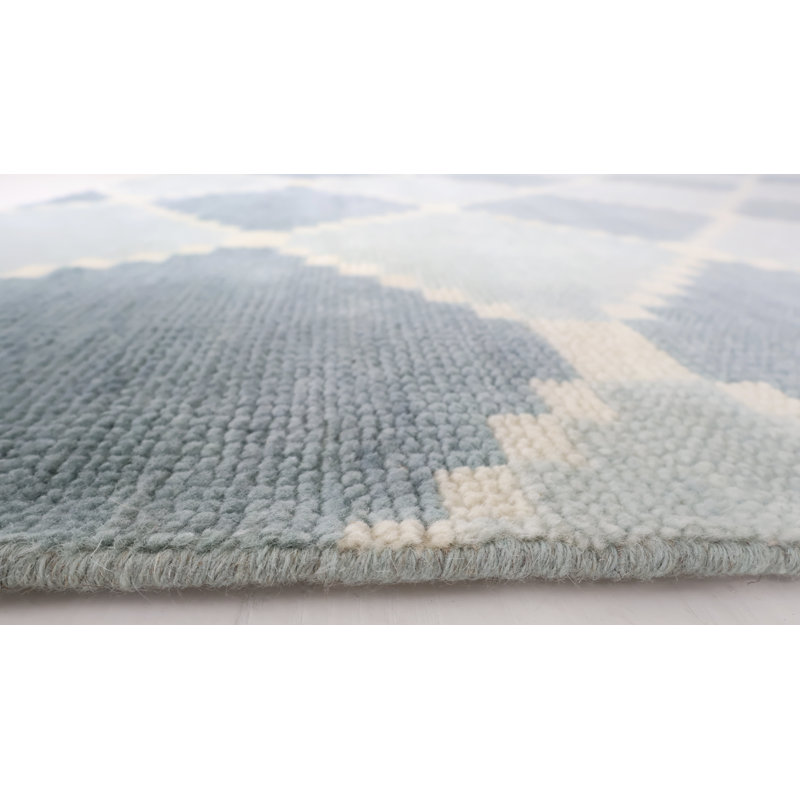 Sadie Handmade Oushak Wool Geometric Area Rug, Blue Mist, 3' x 12'