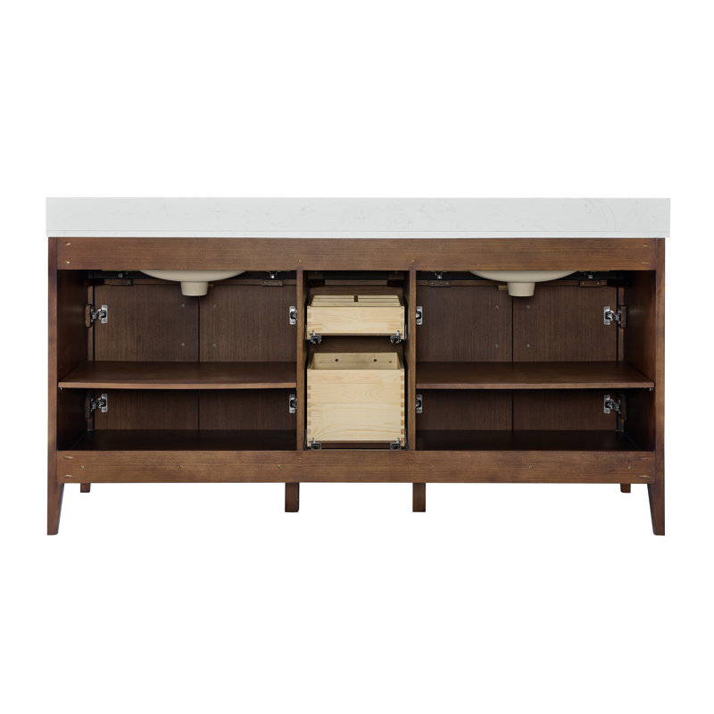 Meuble-lavabo double vasque de 183 cm (72 po) entièrement assemblé, avec comptoir et dosseret en granit blanc.