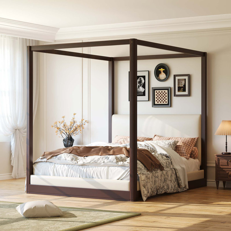 Contemporary Canopy Platform Bed with Upholstered Headboard, Espresso;White