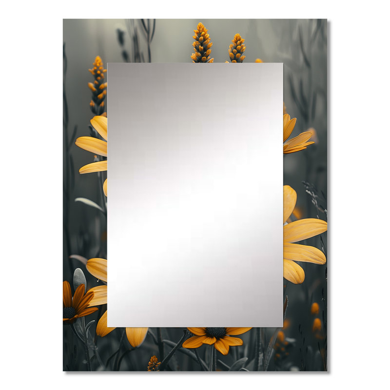 Fleurs jaunes et gris rétro - fleurs sauvages, miroir mural traditionnel unique, impression sur métal, 32 po x 24 po