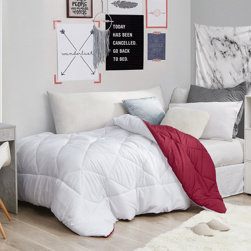 Reversible Microfiber Twin XL Dorm Comforter, White/Red