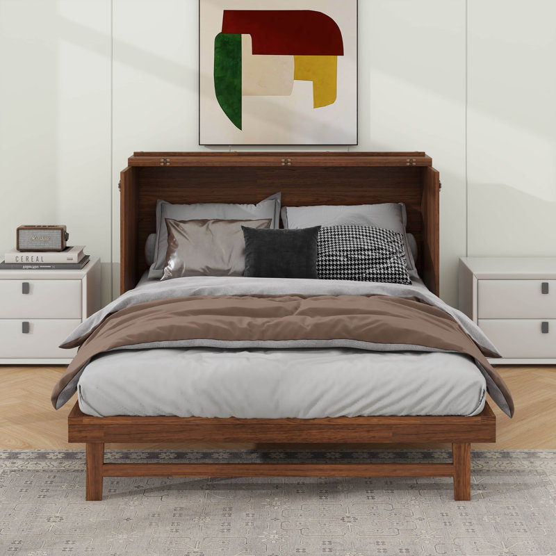 Queen Size Murphy Bed With Power Station And Rattan Decoration Panel, Walnut