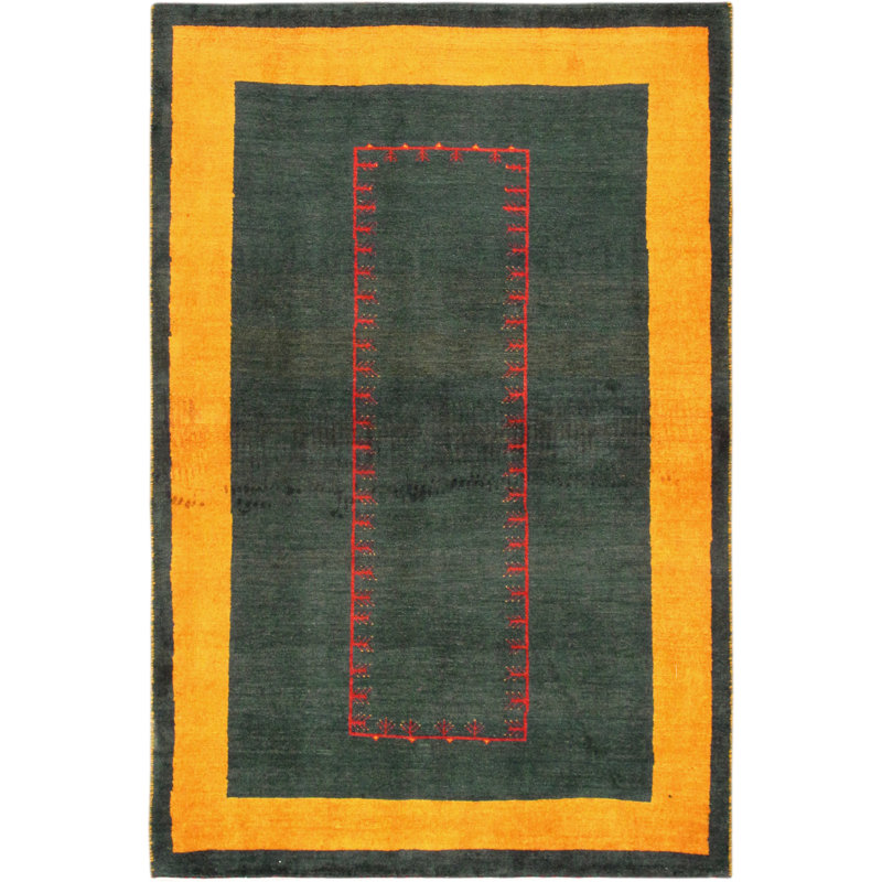 Hand-Knotted Dark Green and Yellow Wool Area Rug