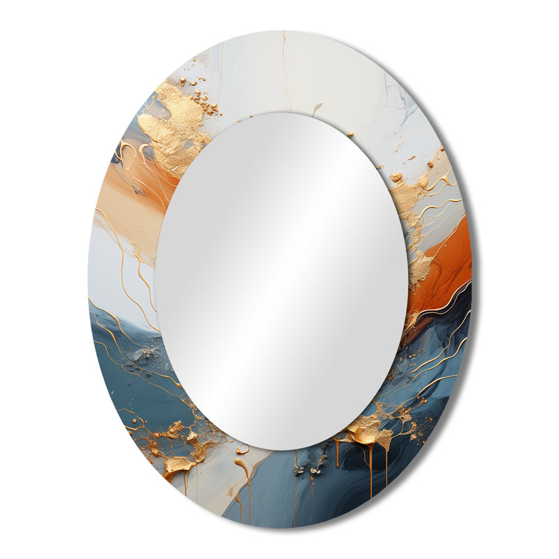 Golden Sunrisre abstrait or et bleu Nova I - décor de miroir mural ovale doré, 43 po x 33 po