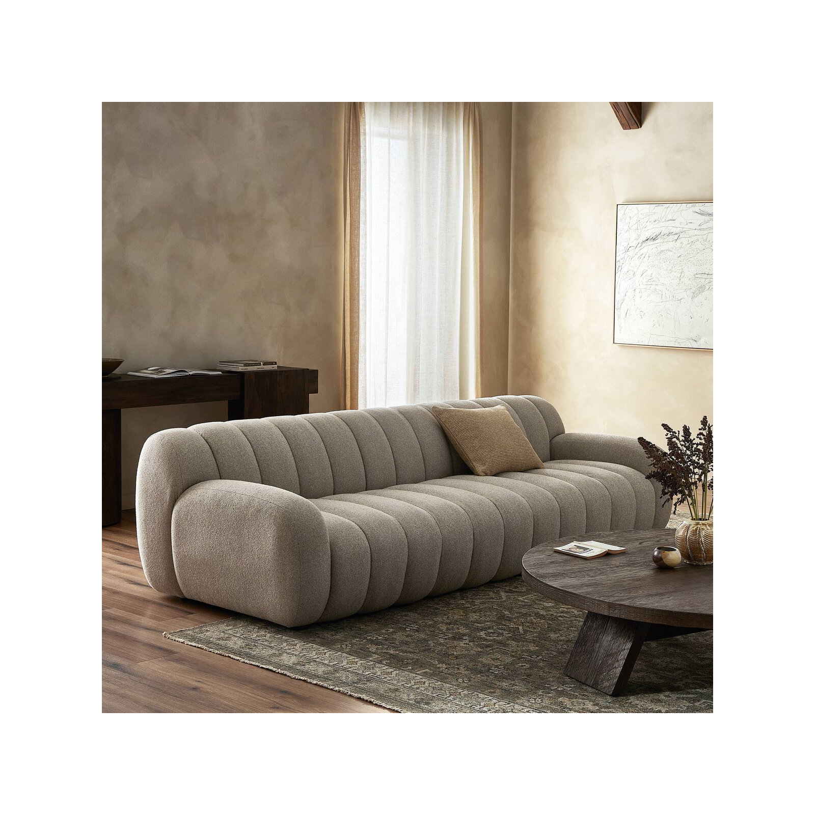 Flora 104" Channel Tufted Sofa, Weslie Flax Performance Textured Weave