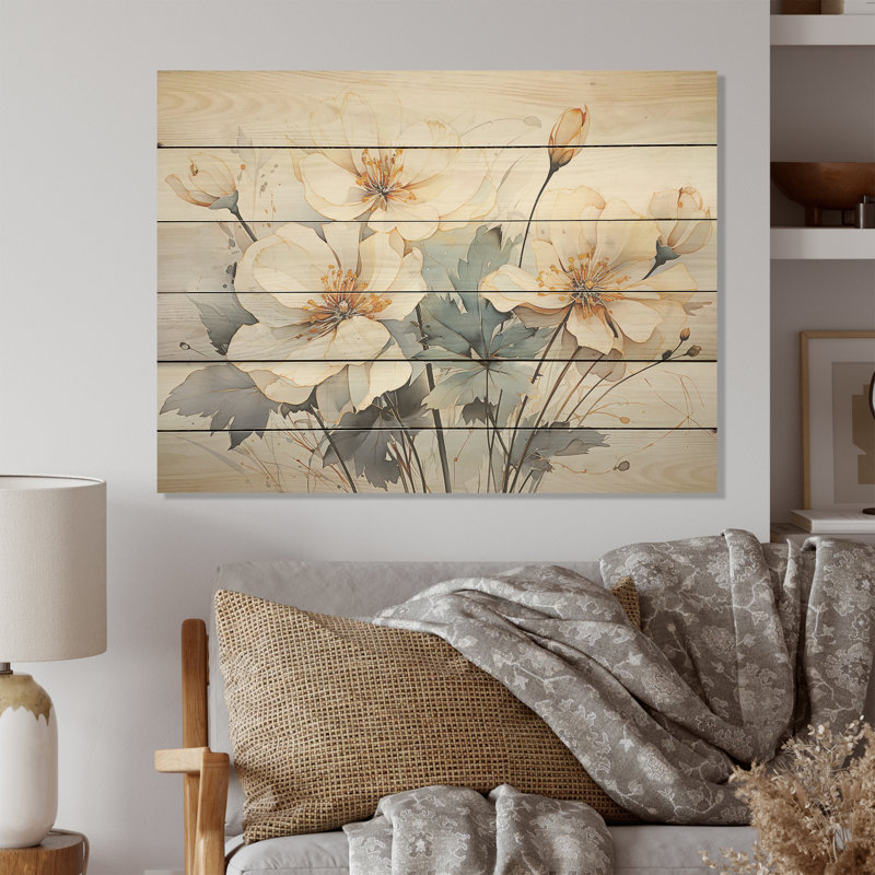 «Minimalist White and Grey Tulips Grace», art mural panneau de bois sur bois de pin naturel, H 10 po x l 20 po