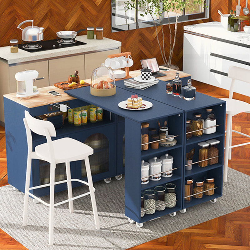 Navy Blue Rolling Kitchen Island with Fluted Glass Doors