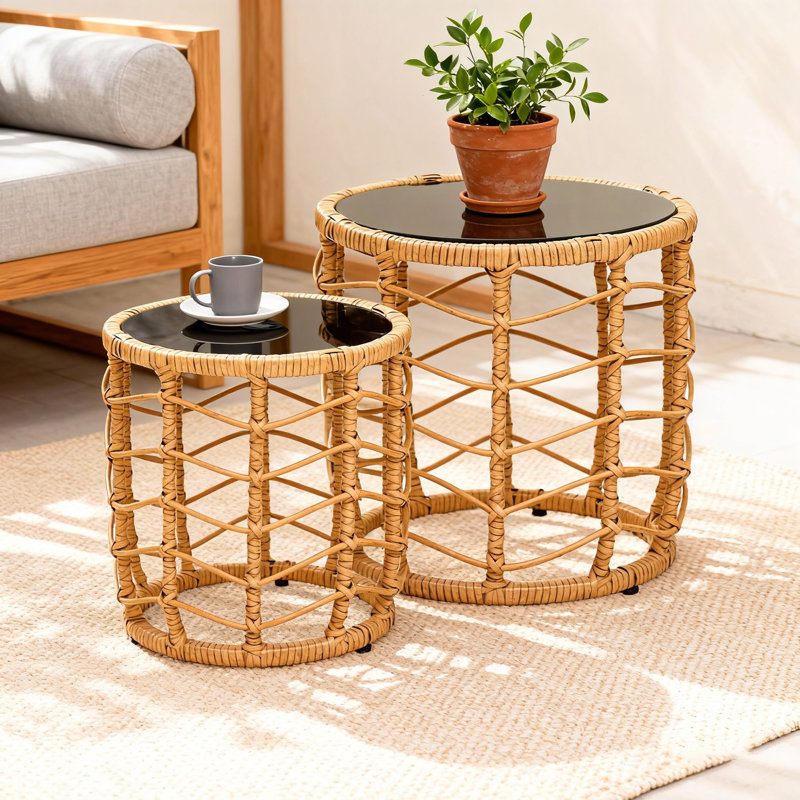 Kacyn Outdoor Wicker Solar Nesting Round Side Table With Built-in Lights
