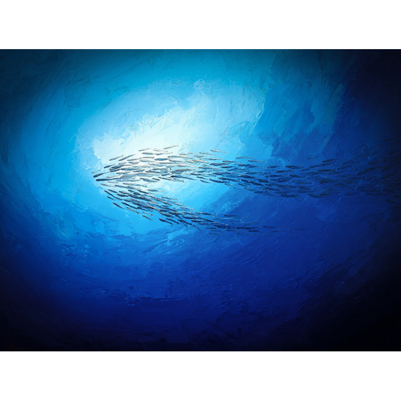 «School of Fish Natation in Blue Ocean», art mural sur toile tendue, H 36 po x l 48 po