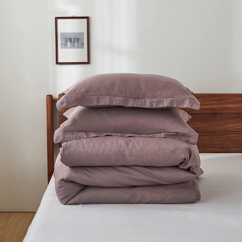 Ensemble de housse de couette 100% lin, Housse de couette grand + 2 taies d'oreiller, Mauve
