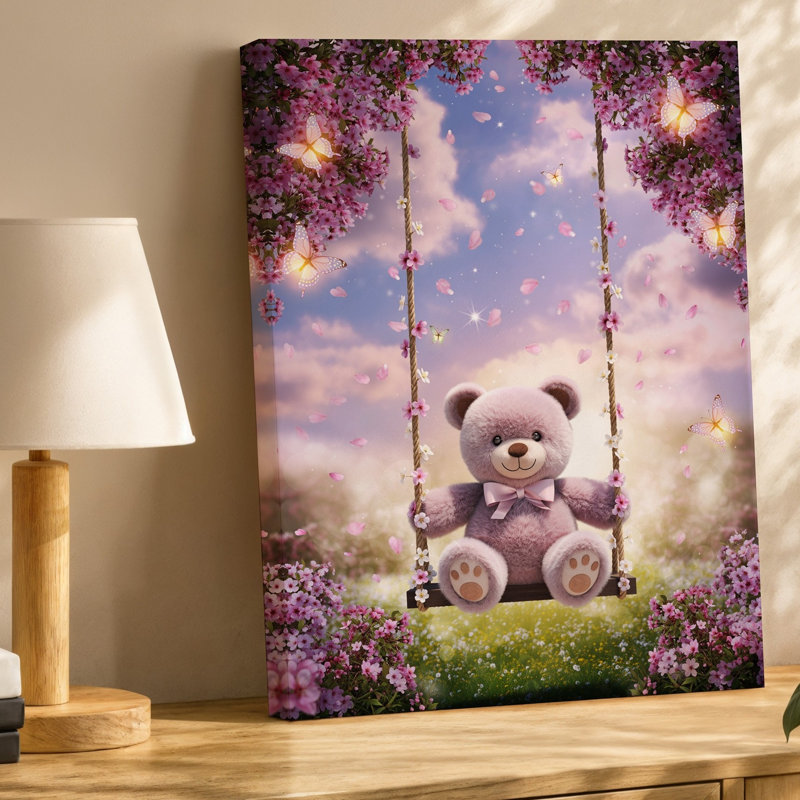 Reproduction d'art sur toile, "Un ours en peluche rose pastel moelleux avec une expression joyeuse", H 40 po x l 30 po