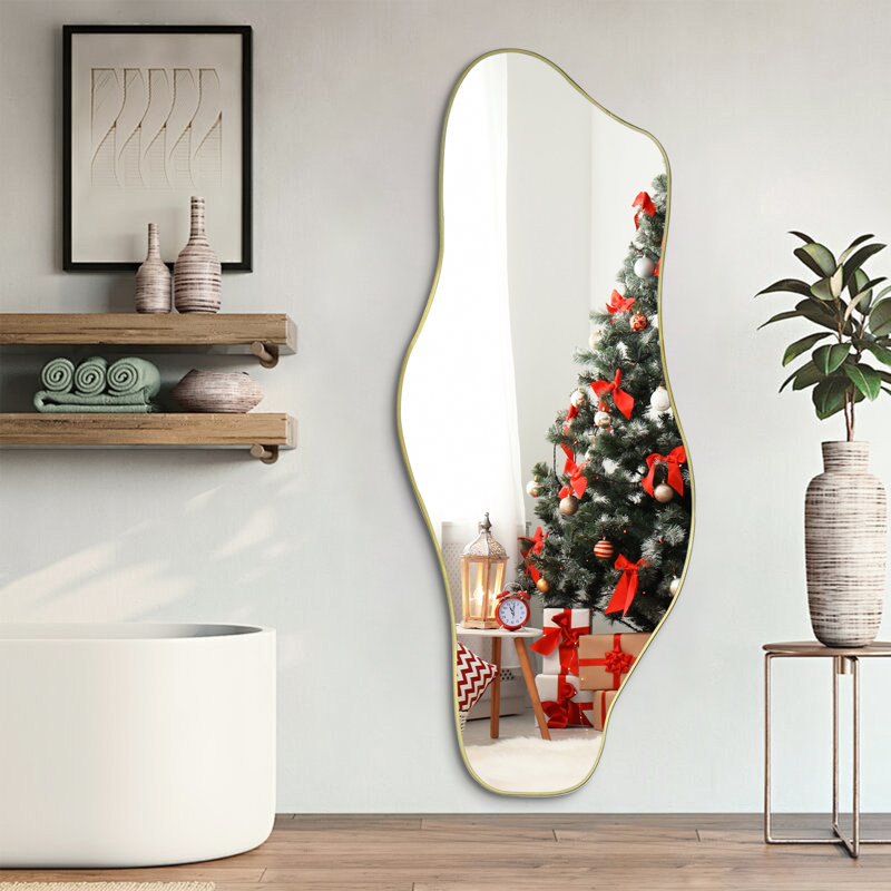 Miroir mural asymétrique moderne, miroir décoratif irrégulier sans cadre, 60 po x 24 po, 60"x24", Gold