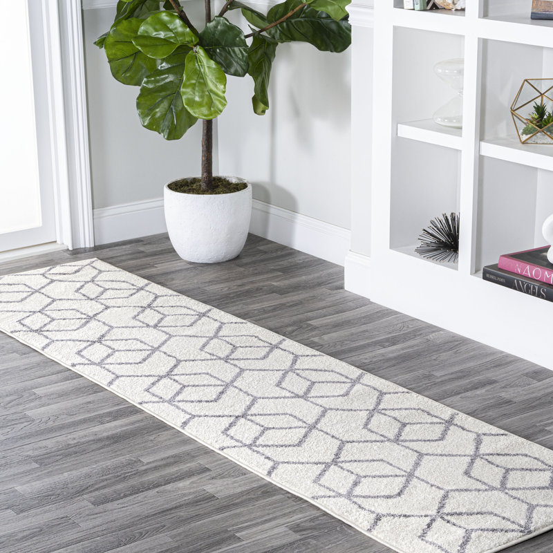 Amuda Blocks Modern Geometric White/Gray Rug, Runner 2' x 8'